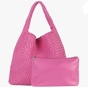 JINMANXUE Vegan Leather Hand-Woven Shoulder Handbag with Matching Cosmetic Case